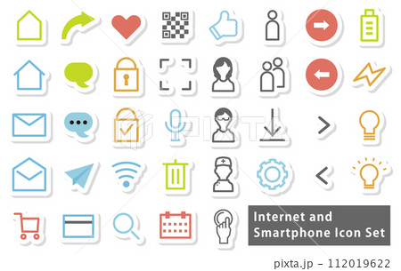 スマートフォン・インターネットに関係するアイコンのイラストセット（ステッカー風） 112019622