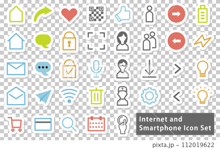 スマートフォン・インターネットに関係するアイコンのイラストセット（ステッカー風） 112019622