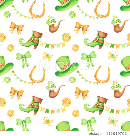 Seamless pattern with top hat, golden horseshoe and coin, clover,boot and pipe for St. Patrick's Day.Watercolor illustration.Hand drawn isolated background.Symbol of good luck, wealth or success 112019708