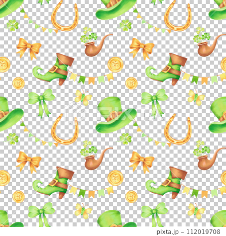 Seamless pattern with top hat, golden horseshoe and coin, clover,boot and pipe for St. Patrick's Day.Watercolor illustration.Hand drawn isolated background.Symbol of good luck, wealth or success 112019708
