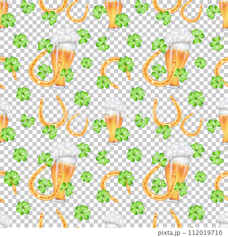 Seamless pattern with a glass of beer with a golden horseshoe and clover petals for St. Patrick's Day.Watercolor illustration.Hand drawn isolated background.Symbol of good luck, wealth or success Seamless pattern with a glass of beer with a golden horseshoe and clover petals for St. Patrick's Day.Watercolor illustration.Hand drawn isolated background.Symbol of good luck, wealth or success 112019710