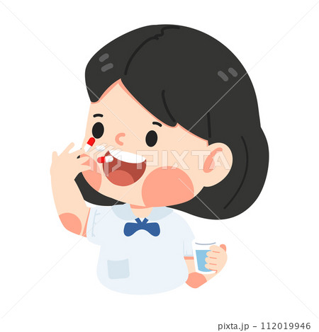 Kid girl taking medicine with a glass Kid girl taking medicine with a glass 112019946