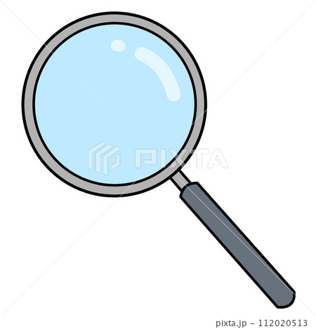 持ち手がグレーの透明感のあるレンズの虫眼鏡のシンプルなカラーのフラットイラストアイコン 112020513