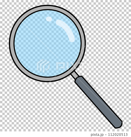 持ち手がグレーの透明感のあるレンズの虫眼鏡のシンプルなカラーのフラットイラストアイコン 112020513