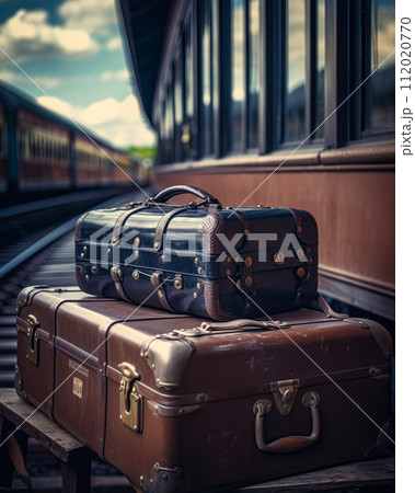 Vintage leather suitcases on the platform of an old train station. Ai Generative 112020770