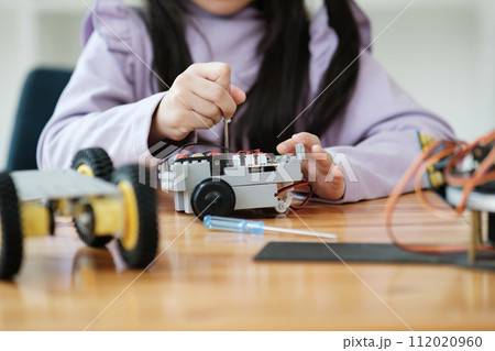 STEM education concept. Asian young girl learning robot design. STEM education concept. Asian young girl learning robot design. 112020960