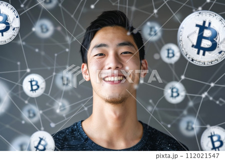 空に舞うビットコインと笑顔の日本人男性(仮想通貨・BTC・暗号資産) 空に舞うビットコインと笑顔の日本人男性(仮想通貨・BTC・暗号資産) 112021547