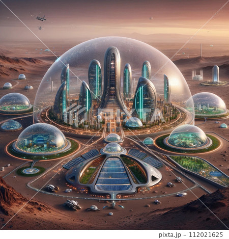 火星のオアシス：未来都市の夜明けのイラスト素材 [112021625] - PIXTA