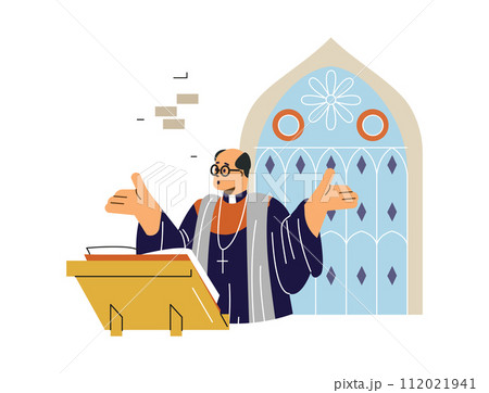 Christian Catholic preacher during worship service in church, vector isolated. 112021941