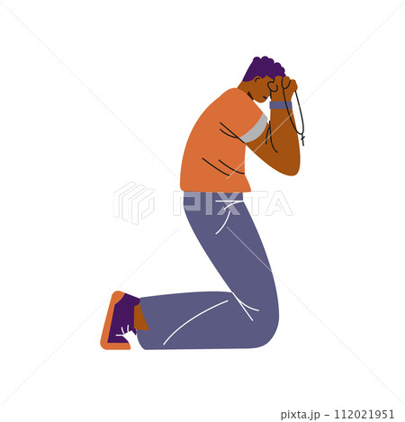 Man kneels and covers face with hands flat style, vector illustration Man kneels and covers face with hands flat style, vector illustration 112021951