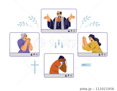 Pastor and praying people, online sermon flat style, vector illustration 112021956
