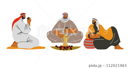 Desert nomadic Bedouins sitting near fire, flat vector illustration isolated. 112021963