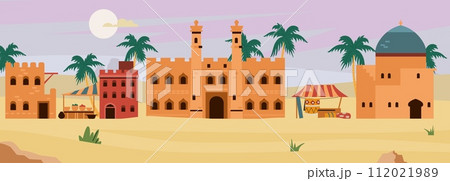 Arabic desert cityscape with traditional mud brick buildings and palm trees, ancient architecture vector illustration 112021989