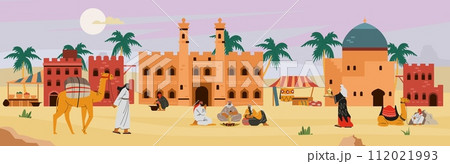 Desert city with Bedouins citizens and buildings, flat vector illustration. 112021993
