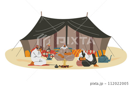 Bedouins sitting in the desert near their tent camp, flat vector illustration. 112022005