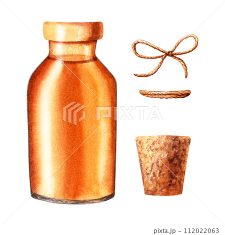 A set of glass oil bottle, jar, cork and decorative rope jute string. Hand drawn watercolor illustration isolated on white. For clip art template label 112022063