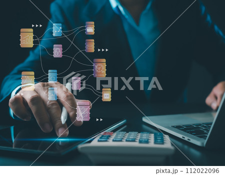 Business people use computers to analyze business and manage corporate data, business analytics with charts, metrics and KPIs to improve organizational performance, marketing, financial organization Business people use computers to analyze business and manage corporate data, business analytics with charts, metrics and KPIs to improve organizational performance, marketing, financial organization 112022096