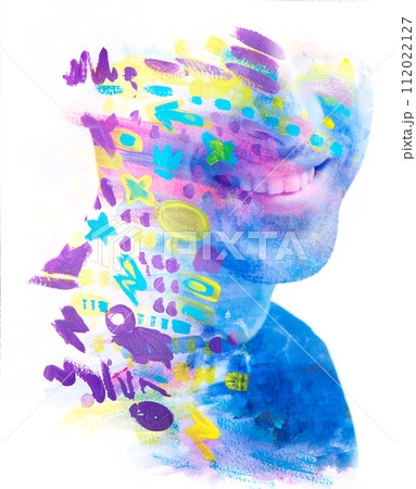 A disappearing paintography portrait of a man in double exposure technique 112022127