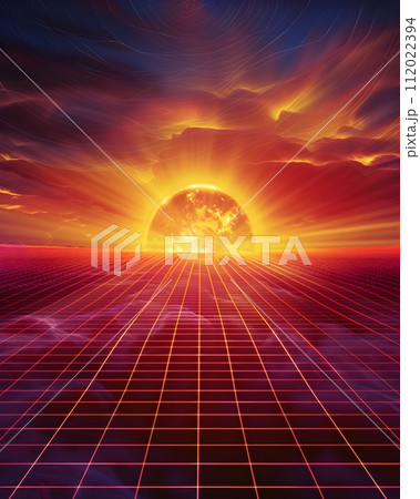 80s Sun Setting on a Futuristic Grid-based Landscape 112022394