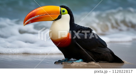 Portrait of Toucan bird on the beach. Wild nature. Birds. Generative AI. 112022817