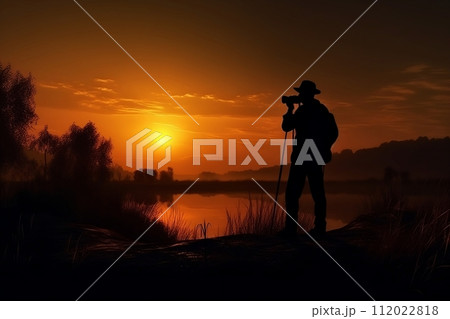Silhouette of a photographer taking a picture at sunset. Beautiful nature. Sunset. Generative AI. 112022818