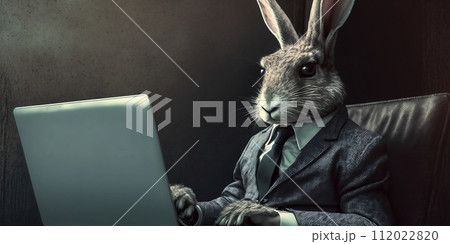 A rabbit in a suit is working on a laptop. Business concept. Generative AI. 112022820
