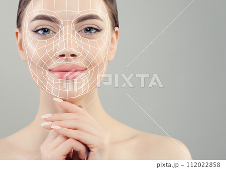 Beautiful woman. Face lift anti-aging lines on young female face.  112022858