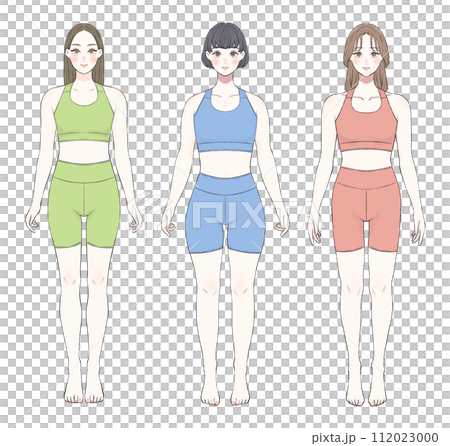 Women with different skeletal structures seen from the front - sportswear ver. Women with different skeletal structures seen from the front - sportswear ver. 112023000