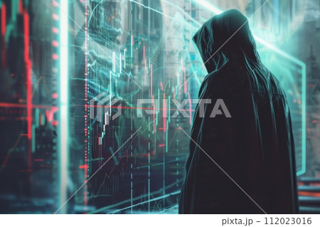 A cloaked figure studies a 3D hologram of fluctuating stocks, their strategy hidden within abstract shadows 112023016