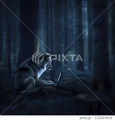 A lone wolf, navigating the dark woods of business, pauses to reflect on life s hobbies beside a glowing laptop 112023029