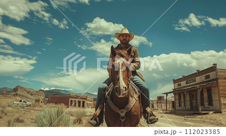 wild west town, modern man dressed as a cowboy on a horse 112023385