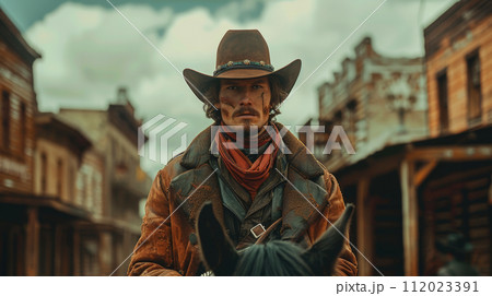 wild west town, modern man dressed as a cowboy on a horse 112023391