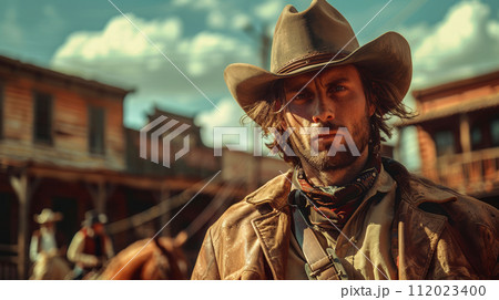 wild west town, modern man dressed as a cowboy on a horse wild west town, modern man dressed as a cowboy on a horse 112023400