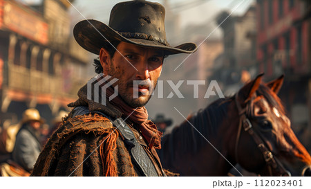 wild west town, modern man dressed as a cowboy on a horse wild west town, modern man dressed as a cowboy on a horse 112023401