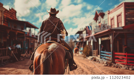 wild west town, modern man dressed as a cowboy on a horse wild west town, modern man dressed as a cowboy on a horse 112023402