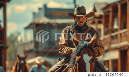 wild west town, modern man dressed as a cowboy on a horse 112023404