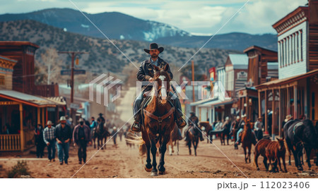 wild west town, modern man dressed as a cowboy on a horse wild west town, modern man dressed as a cowboy on a horse 112023406