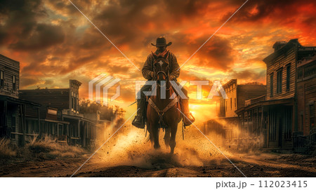 wild west town, modern man dressed as a cowboy on a horse 112023415