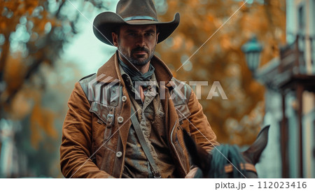 wild west town, modern man dressed as a cowboy on a horse 112023416