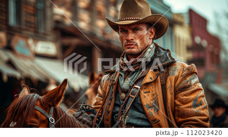 wild west town, modern man dressed as a cowboy on a horse wild west town, modern man dressed as a cowboy on a horse 112023420