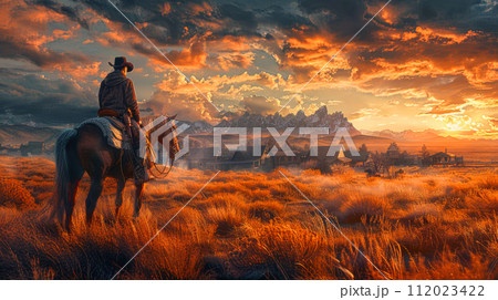 wild west town, modern man dressed as a cowboy on a horse 112023422