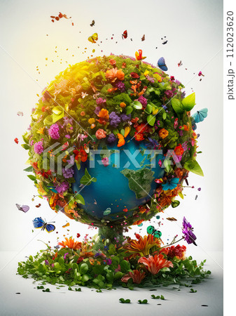 Earth Day. Planet earth covered in colorful flowers and plants.  Ai Generative illustration 112023620