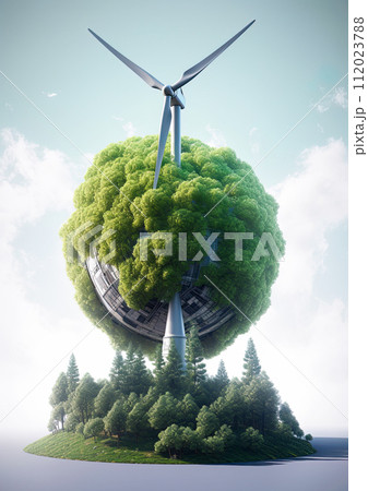 Wind turbine powering planet earth. Renewable, sustainable energy concept. Generative Ai 112023788