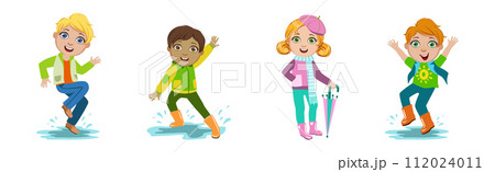Cute Kids in Autumn at Rainy Day in Coat with Umbrella Vector Set 112024011