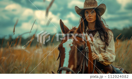 wild west town, Woman dressed as a cowboy on a horse 112024082
