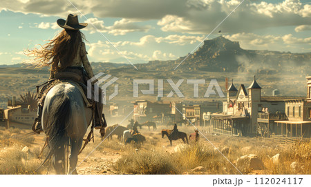 wild west town, Woman dressed as a cowboy on a horse wild west town, Woman dressed as a cowboy on a horse 112024117