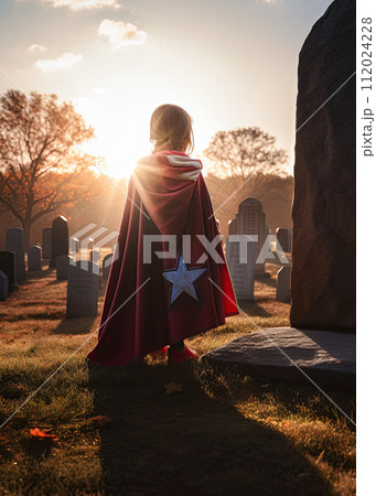 Little girl at the cemetery at sunset honoring her late father. Memorial day concept. Ai generative 112024228
