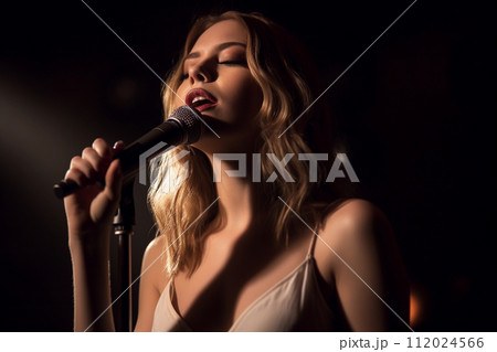 Elegant Female Performer Singing on Stage 112024566