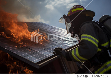 Firefighter Tackling Solar Panel Fire 112024585