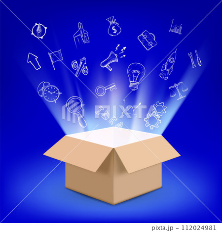 Open box with light inside and doodle symbolsのイラスト素材 [112024981] - PIXTA